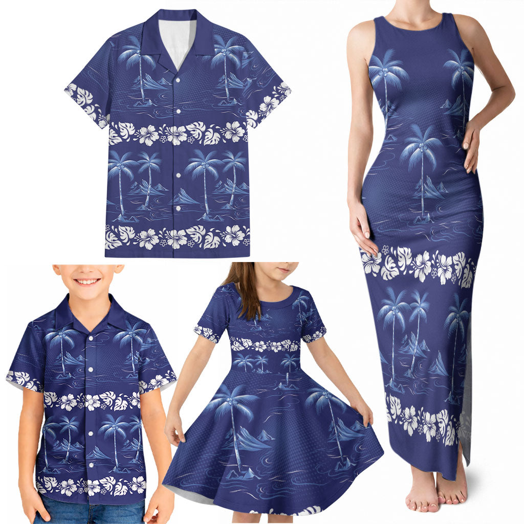 Blue Hawaii Palm Tree Hibiscus Family Matching Tank Maxi Dress and Hawaiian Shirt Fantasy Summer Vibe