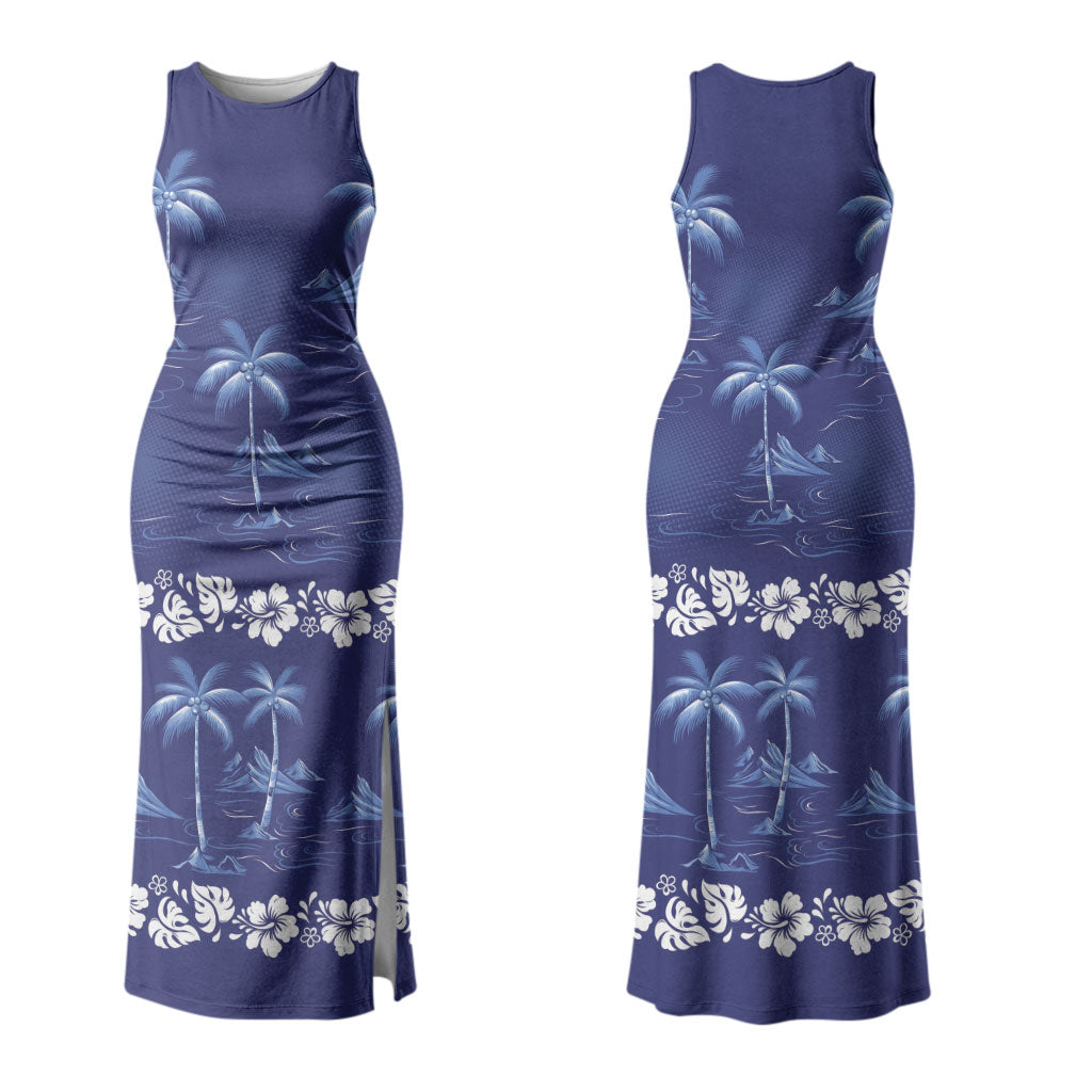 Blue Hawaii Palm Tree Hibiscus Family Matching Tank Maxi Dress and Hawaiian Shirt Fantasy Summer Vibe