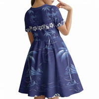 Blue Hawaii Palm Tree Hibiscus Kid Short Sleeve Dress Fantasy Summer Vibe