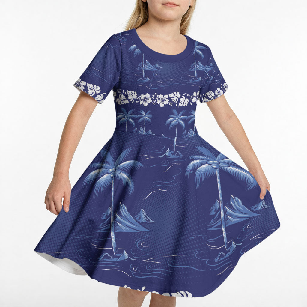 Blue Hawaii Palm Tree Hibiscus Kid Short Sleeve Dress Fantasy Summer Vibe