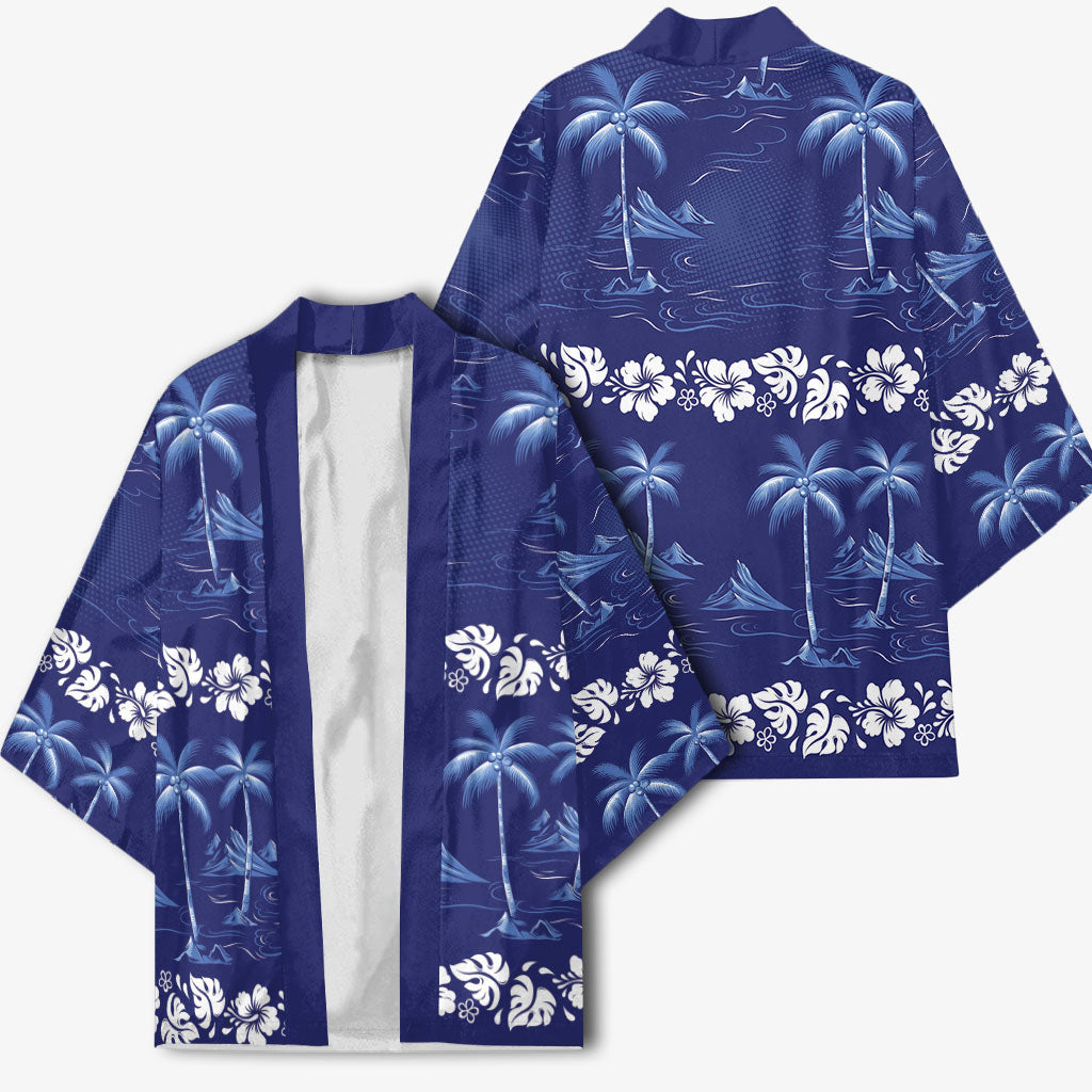Blue Hawaii Palm Tree Hibiscus Kimono Fantasy Summer Vibe
