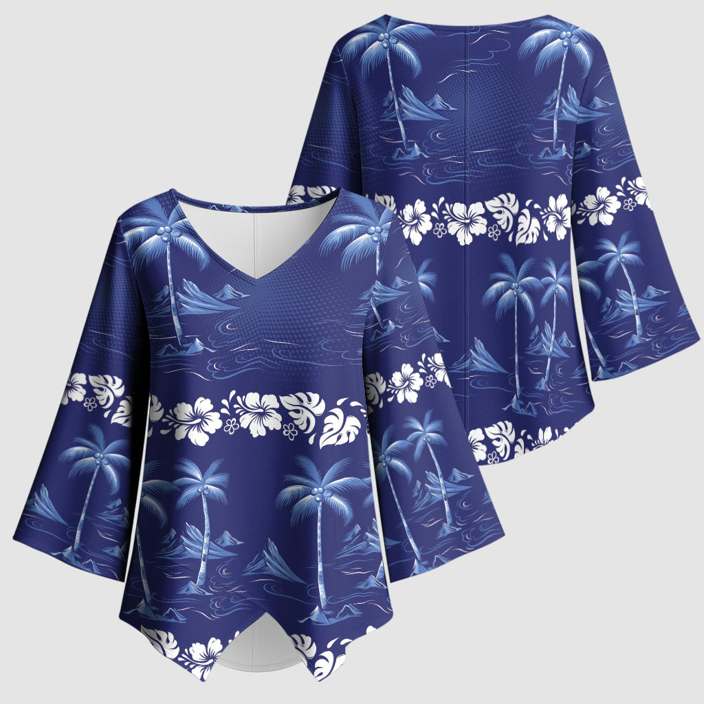 Blue Hawaii Palm Tree Hibiscus Kimono Sleeve Blouse Fantasy Summer Vibe