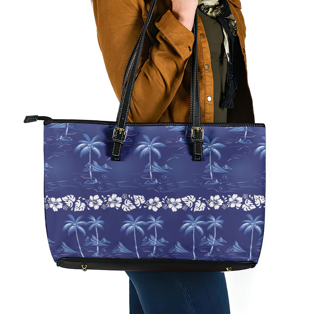 Blue Hawaii Palm Tree Hibiscus Leather Tote Bag Fantasy Summer Vibe