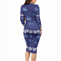 Blue Hawaii Palm Tree Hibiscus Long Sleeve Bodycon Dress Fantasy Summer Vibe