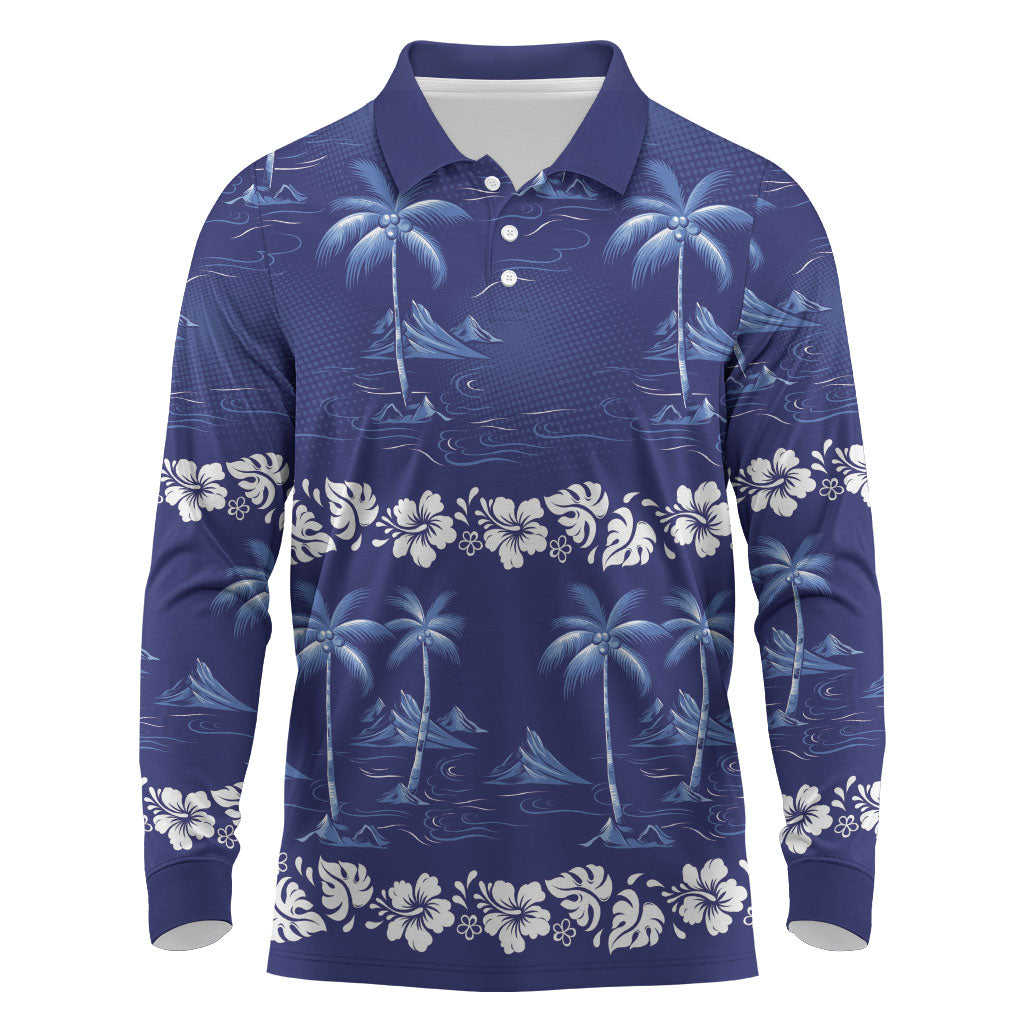 Blue Hawaii Palm Tree Hibiscus Long Sleeve Polo Shirt Fantasy Summer Vibe