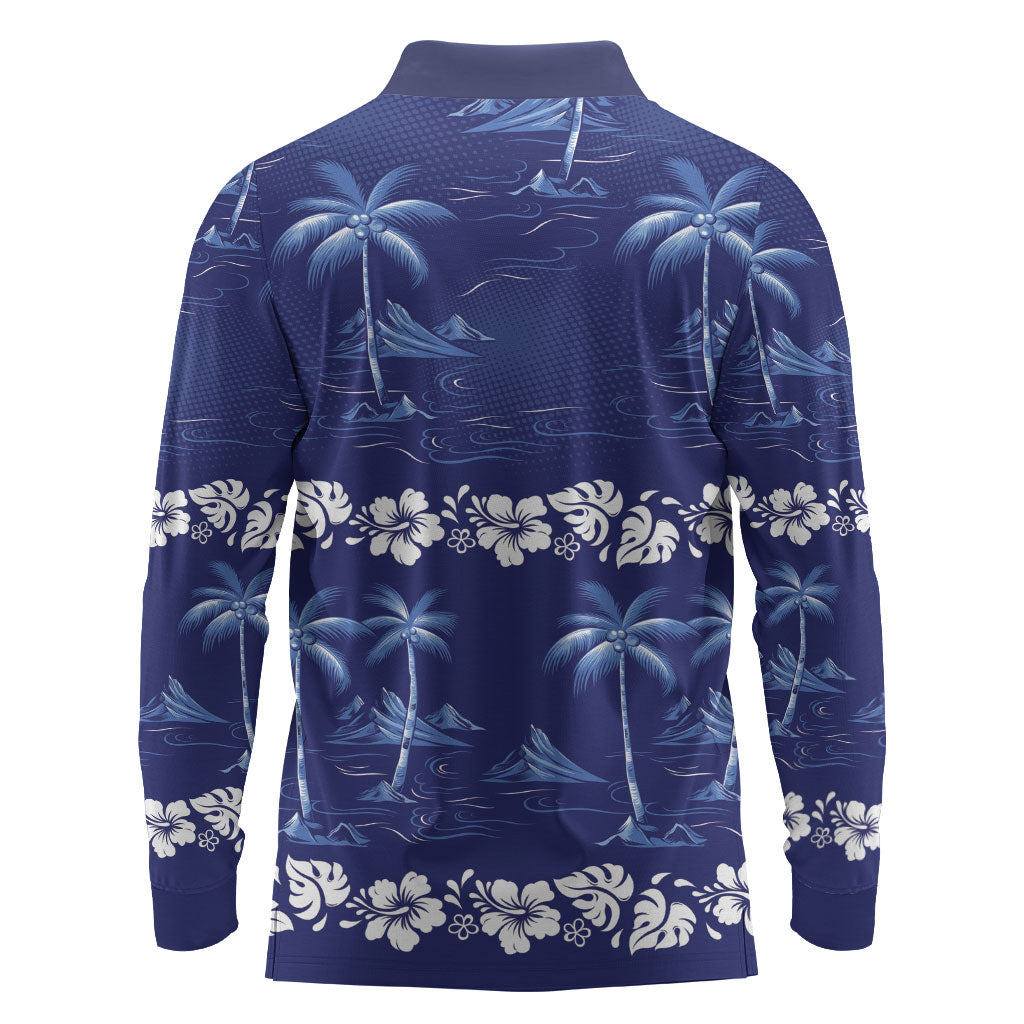 Blue Hawaii Palm Tree Hibiscus Long Sleeve Polo Shirt Fantasy Summer Vibe