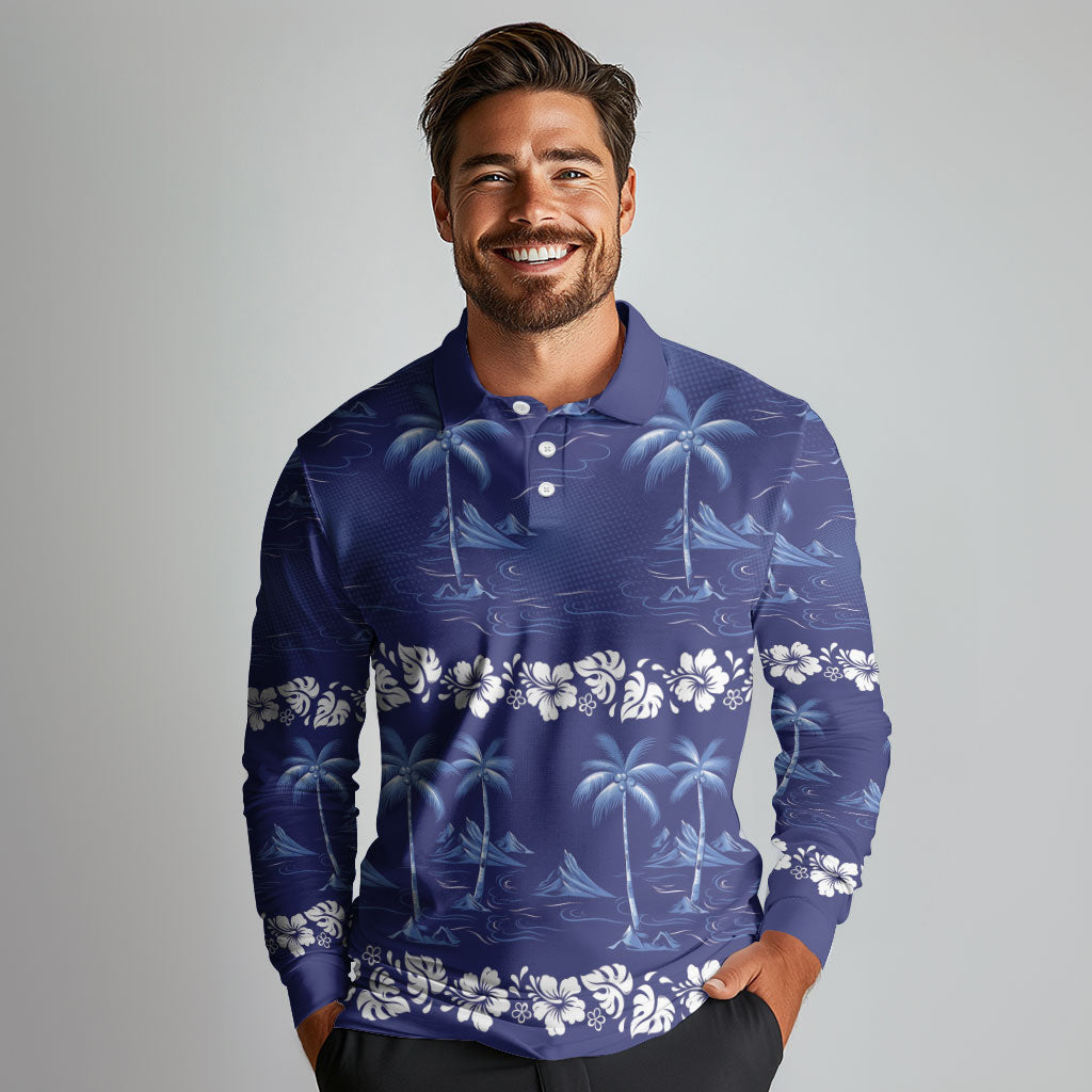 Blue Hawaii Palm Tree Hibiscus Long Sleeve Polo Shirt Fantasy Summer Vibe