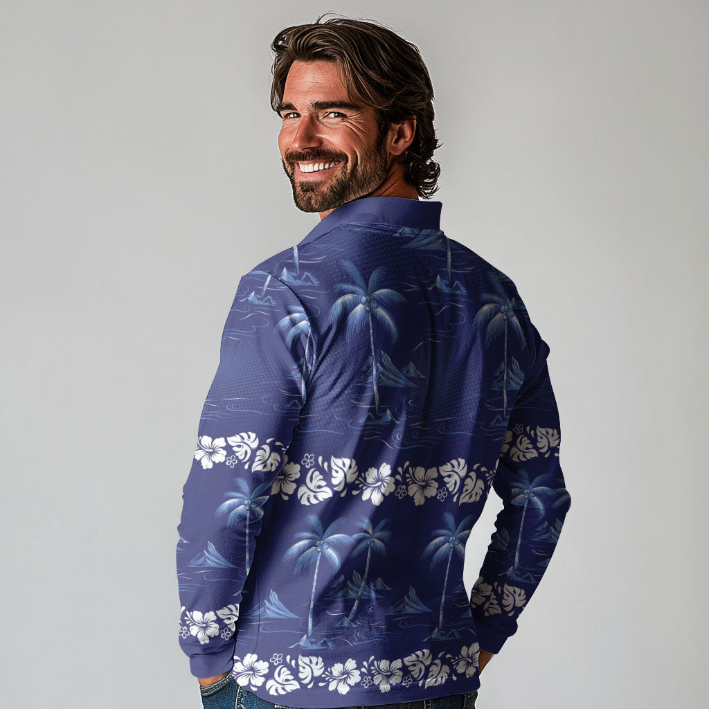 Blue Hawaii Palm Tree Hibiscus Long Sleeve Polo Shirt Fantasy Summer Vibe