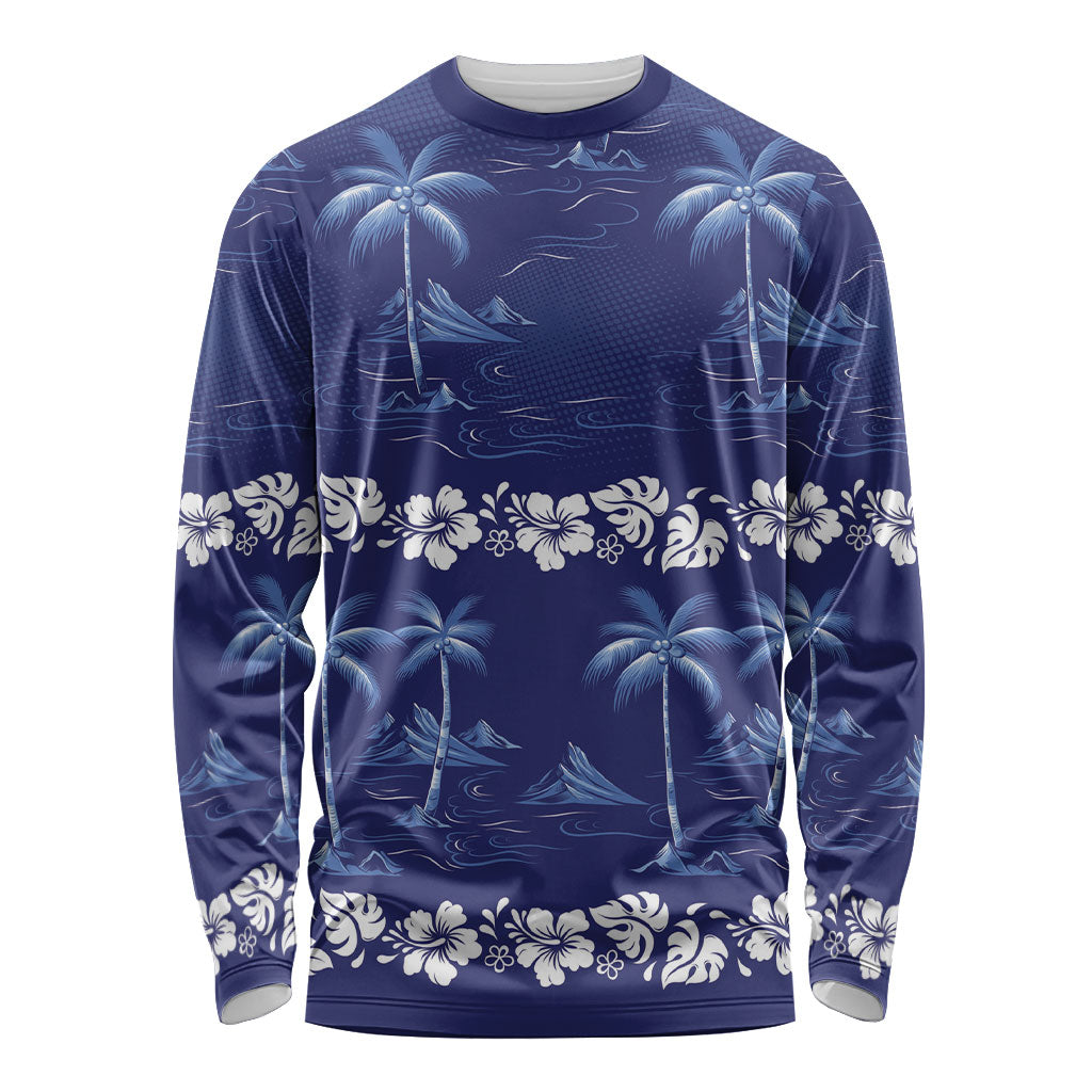 Blue Hawaii Palm Tree Hibiscus Long Sleeve Shirt Fantasy Summer Vibe