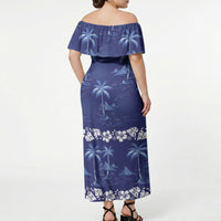 Blue Hawaii Palm Tree Hibiscus Off Shoulder Maxi Dress Fantasy Summer Vibe