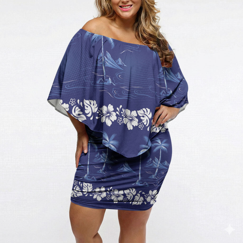 Blue Hawaii Palm Tree Hibiscus Off Shoulder Short Dress Fantasy Summer Vibe