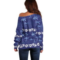 Blue Hawaii Palm Tree Hibiscus Off Shoulder Sweater Fantasy Summer Vibe