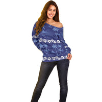 Blue Hawaii Palm Tree Hibiscus Off Shoulder Sweater Fantasy Summer Vibe