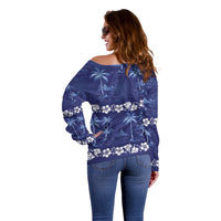 Blue Hawaii Palm Tree Hibiscus Off Shoulder Sweater Fantasy Summer Vibe