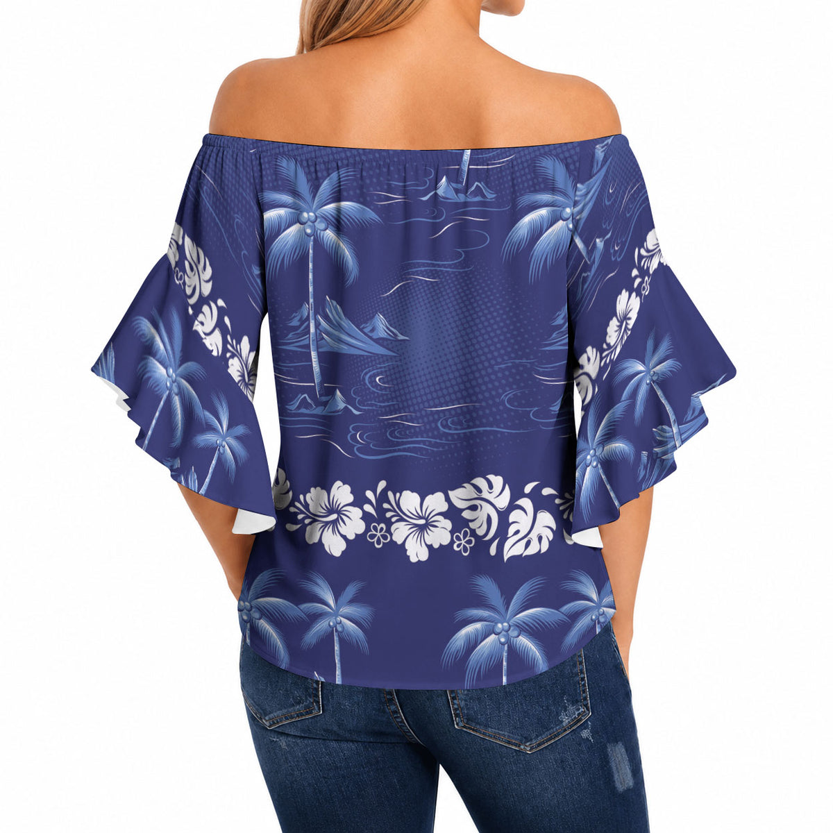 Blue Hawaii Palm Tree Hibiscus Off Shoulder Wrap Waist Top Fantasy Summer Vibe