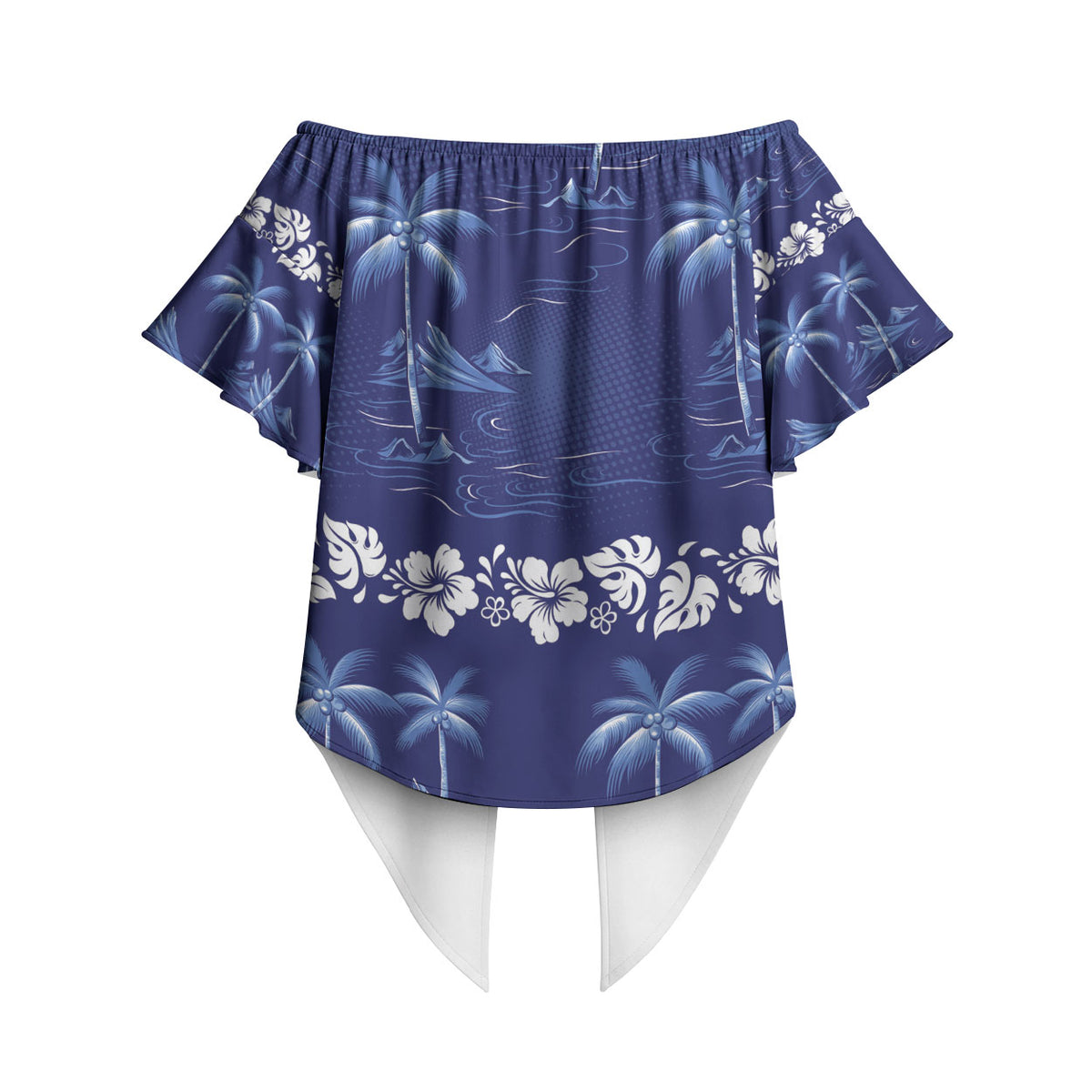 Blue Hawaii Palm Tree Hibiscus Off Shoulder Wrap Waist Top Fantasy Summer Vibe