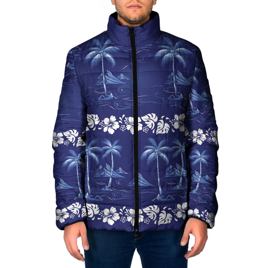 Blue Hawaii Palm Tree Hibiscus Padded Jacket Fantasy Summer Vibe