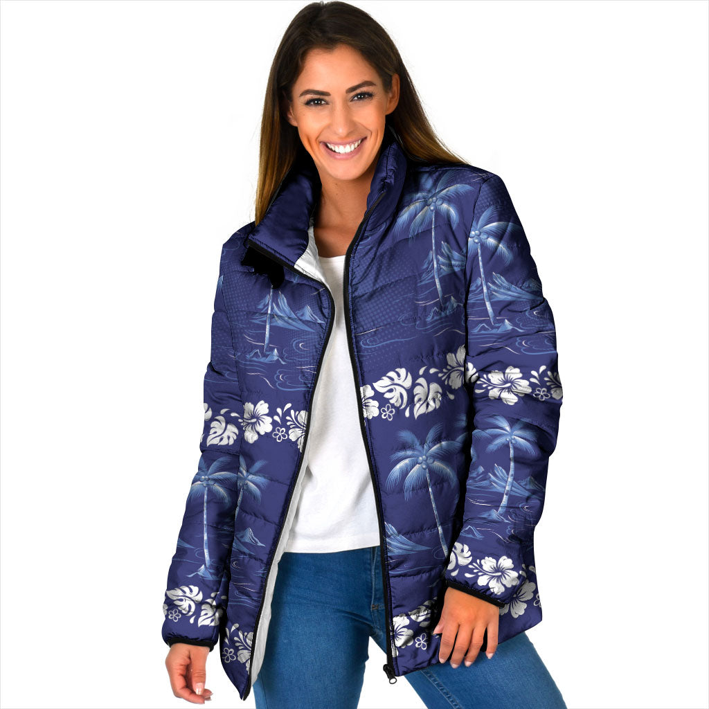 Blue Hawaii Palm Tree Hibiscus Padded Jacket Fantasy Summer Vibe