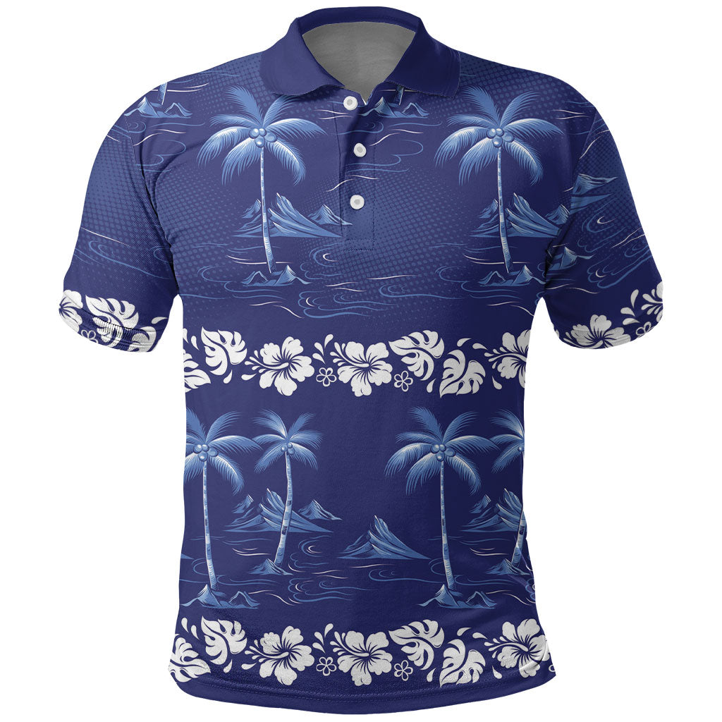 Blue Hawaii Palm Tree Hibiscus Polo Shirt Fantasy Summer Vibe