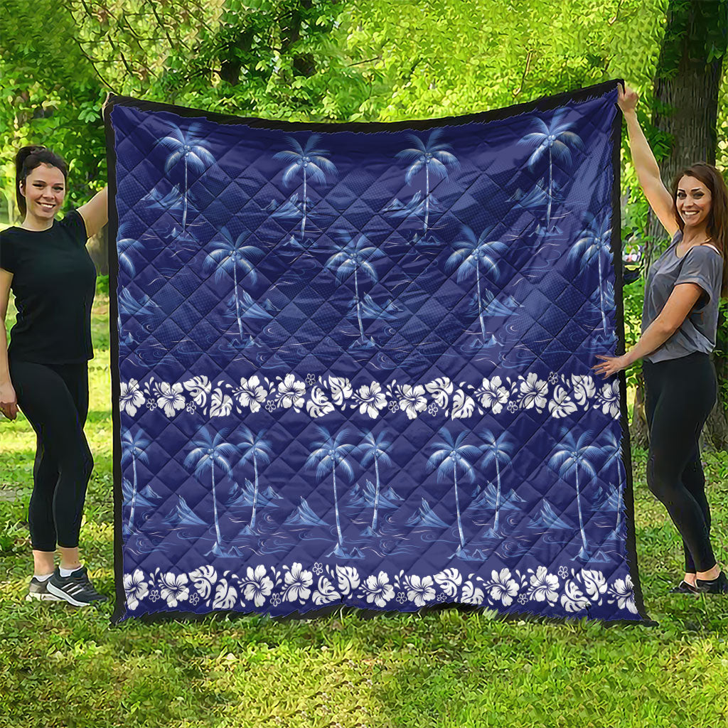 Blue Hawaii Palm Tree Hibiscus Quilt Fantasy Summer Vibe