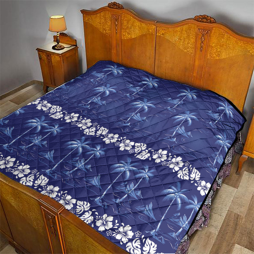 Blue Hawaii Palm Tree Hibiscus Quilt Fantasy Summer Vibe