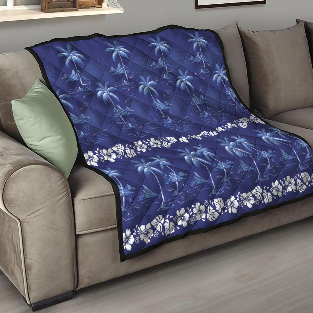 Blue Hawaii Palm Tree Hibiscus Quilt Fantasy Summer Vibe