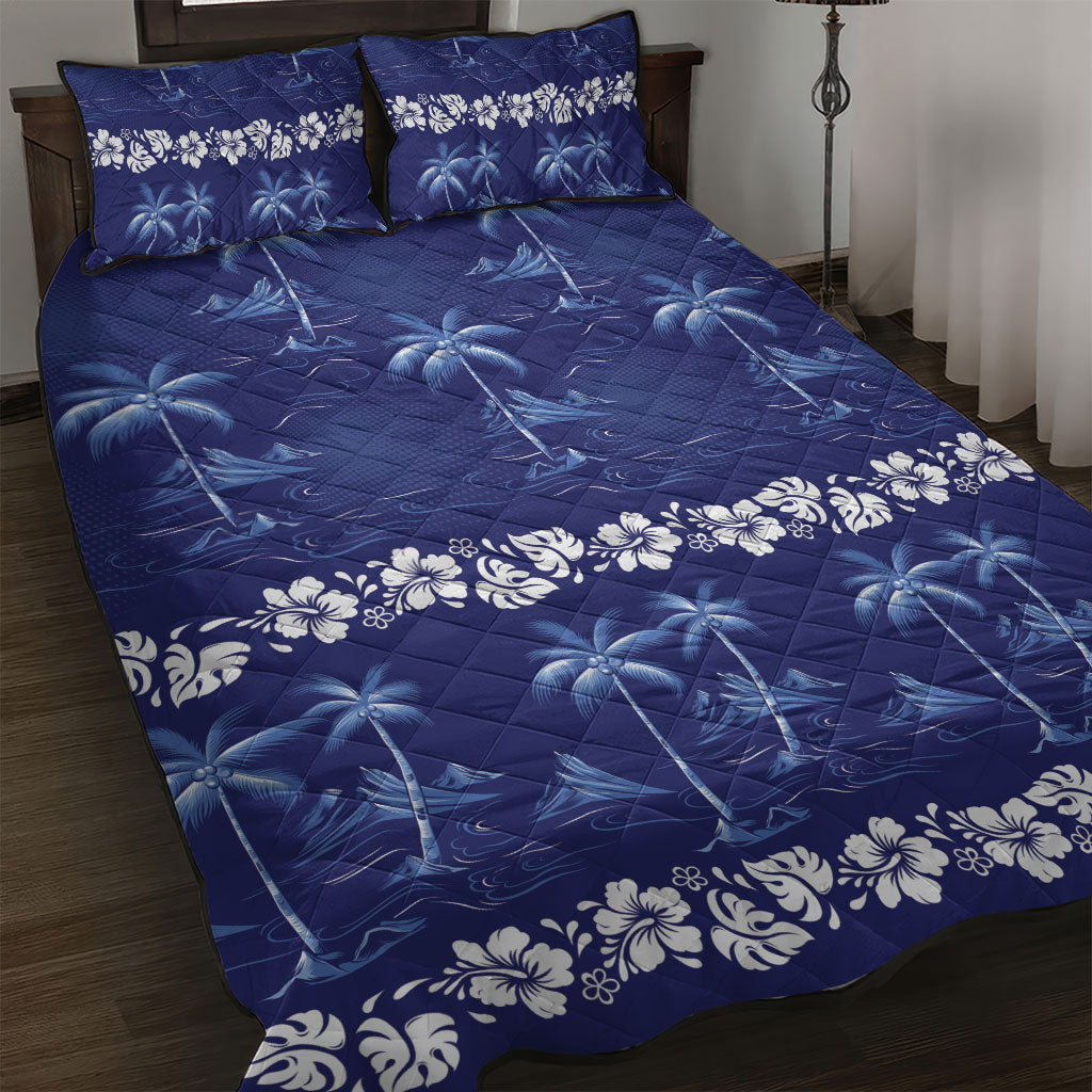 Blue Hawaii Palm Tree Hibiscus Quilt Bed Set Fantasy Summer Vibe