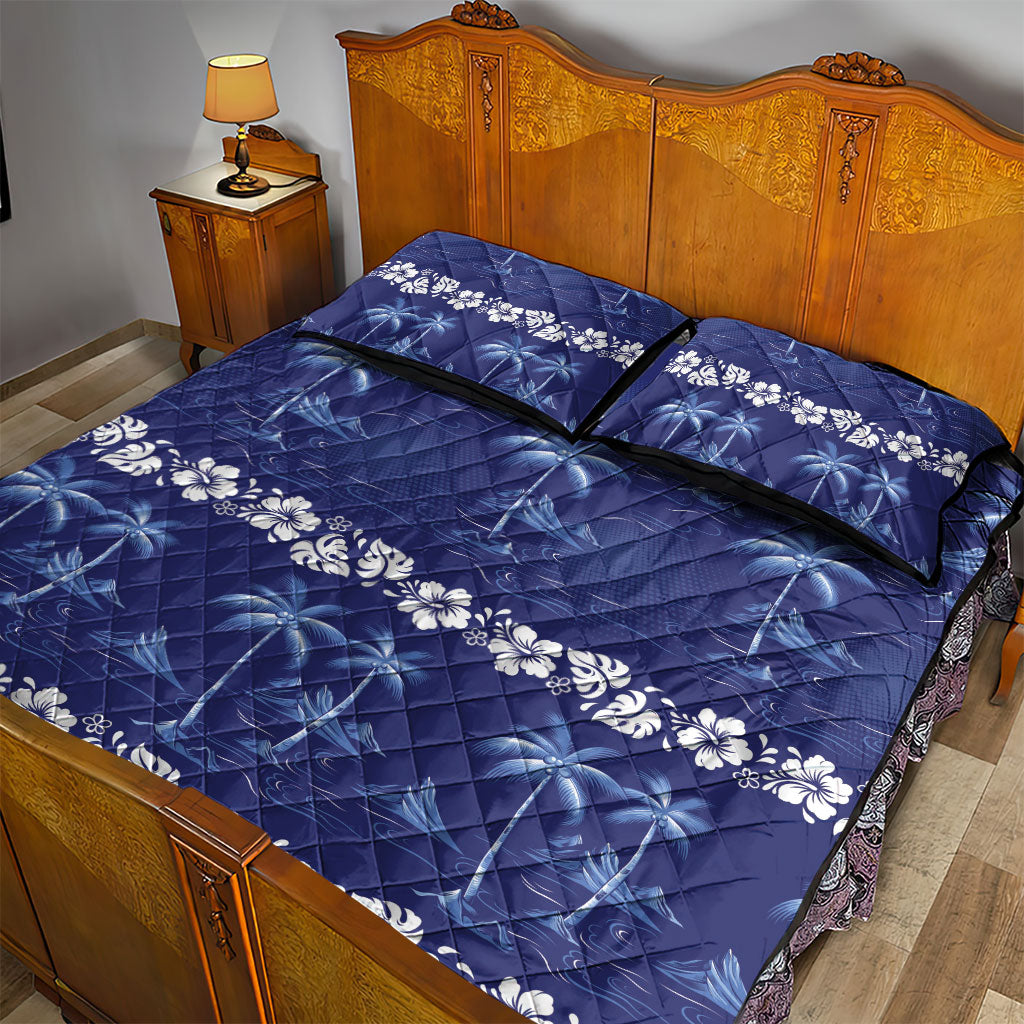 Blue Hawaii Palm Tree Hibiscus Quilt Bed Set Fantasy Summer Vibe