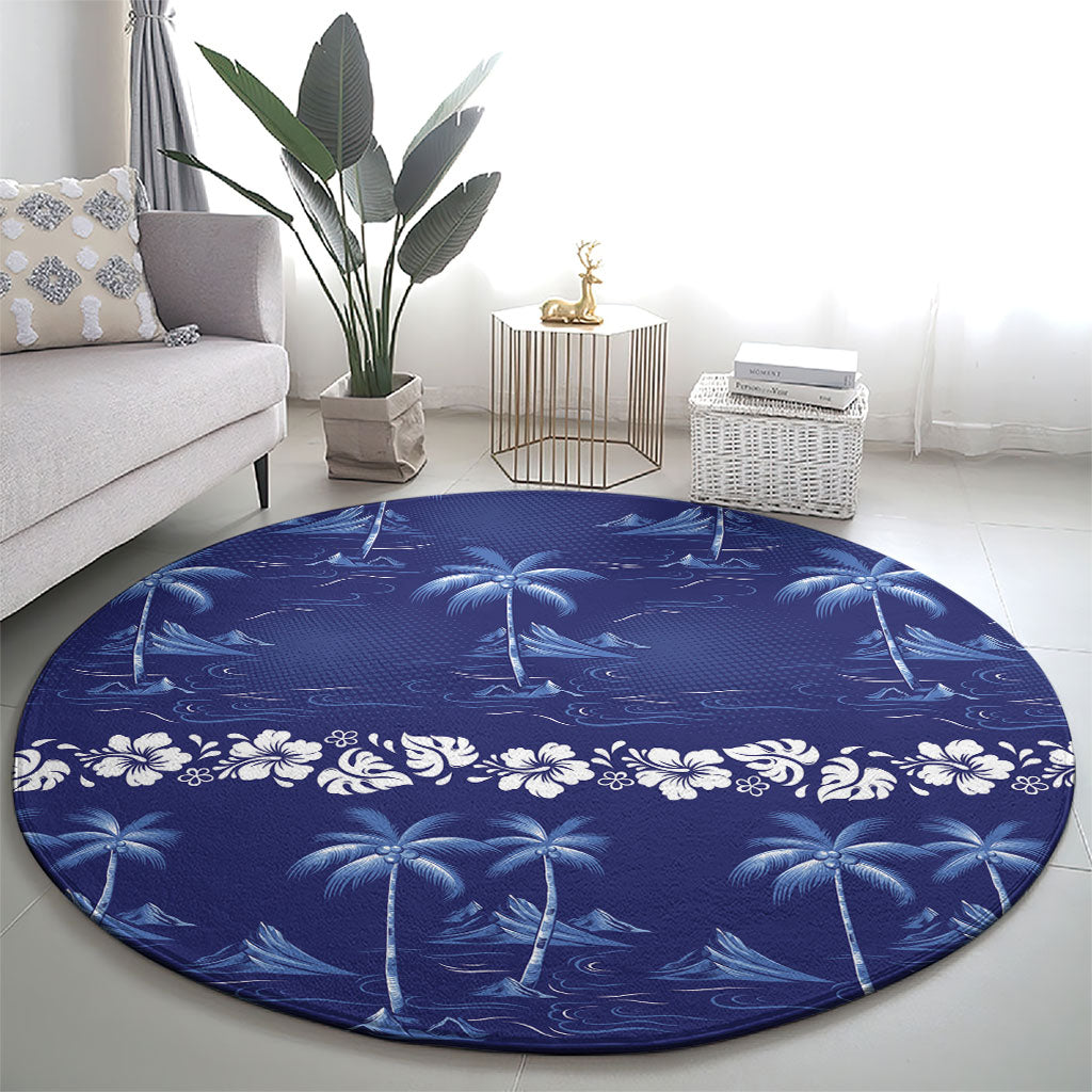 Blue Hawaii Palm Tree Hibiscus Round Carpet Fantasy Summer Vibe