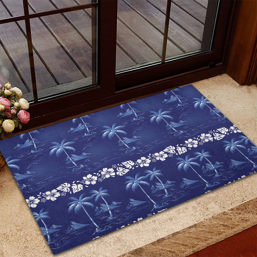 Blue Hawaii Palm Tree Hibiscus Rubber Doormat Fantasy Summer Vibe
