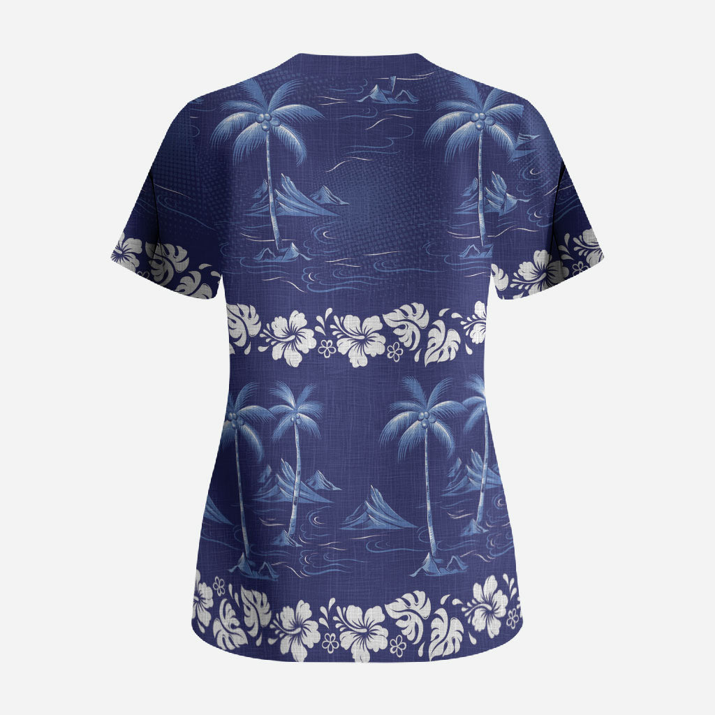 Blue Hawaii Palm Tree Hibiscus Scrub Top Fantasy Summer Vibe