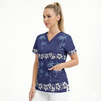 Blue Hawaii Palm Tree Hibiscus Scrub Top Fantasy Summer Vibe