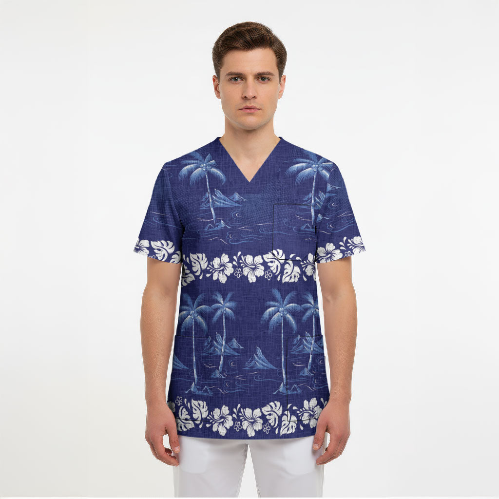 Blue Hawaii Palm Tree Hibiscus Scrub Top Fantasy Summer Vibe