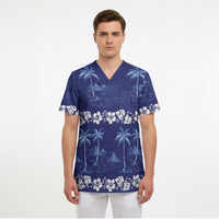 Blue Hawaii Palm Tree Hibiscus Scrub Top Fantasy Summer Vibe