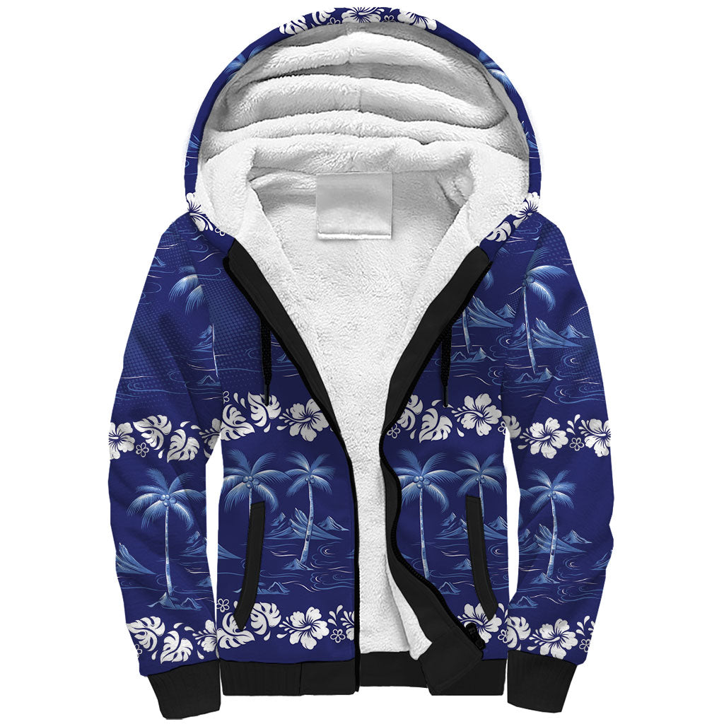 Blue Hawaii Palm Tree Hibiscus Sherpa Hoodie Fantasy Summer Vibe