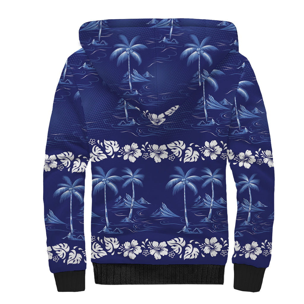 Blue Hawaii Palm Tree Hibiscus Sherpa Hoodie Fantasy Summer Vibe