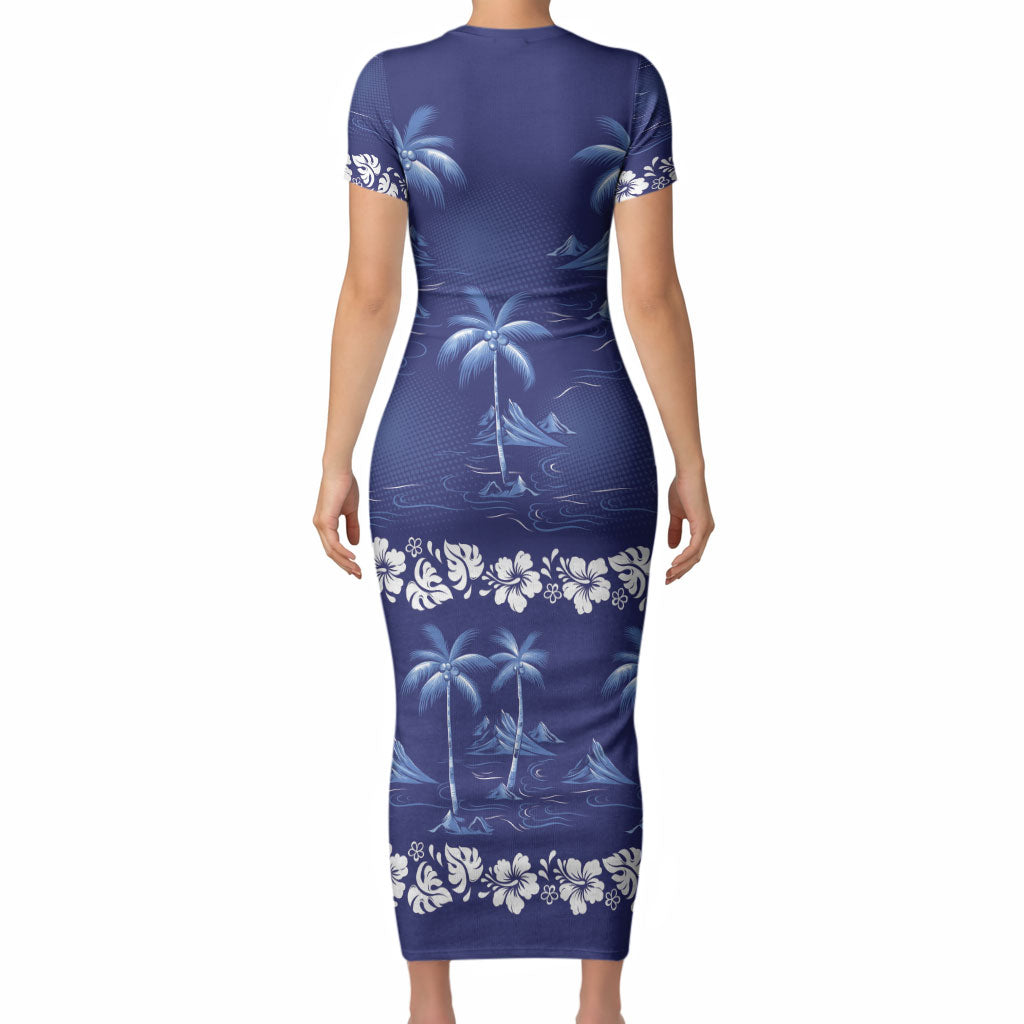 Blue Hawaii Palm Tree Hibiscus Short Sleeve Bodycon Dress Fantasy Summer Vibe