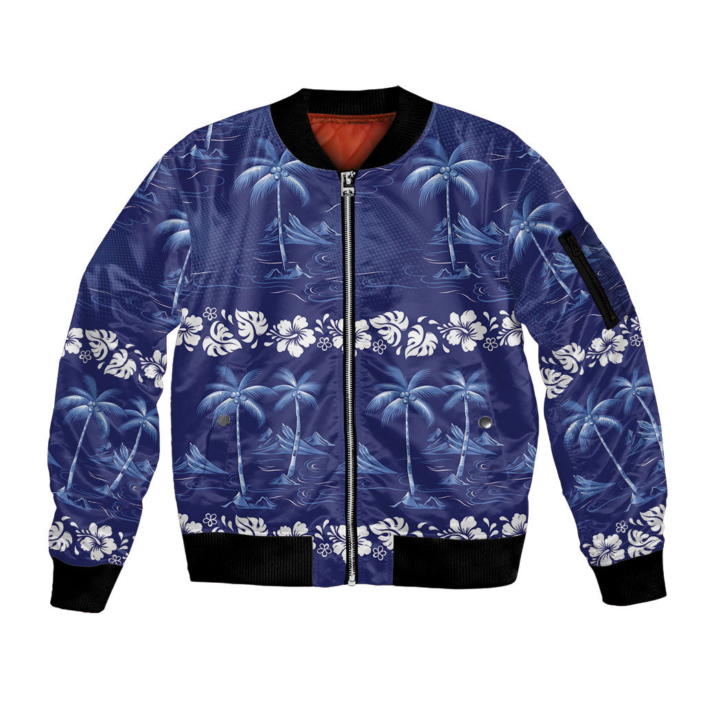 Blue Hawaii Palm Tree Hibiscus Sleeve Zip Bomber Jacket Fantasy Summer Vibe