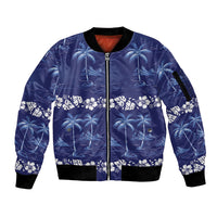 Blue Hawaii Palm Tree Hibiscus Sleeve Zip Bomber Jacket Fantasy Summer Vibe