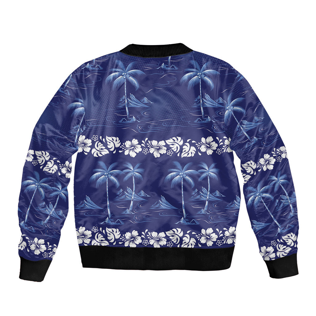 Blue Hawaii Palm Tree Hibiscus Sleeve Zip Bomber Jacket Fantasy Summer Vibe