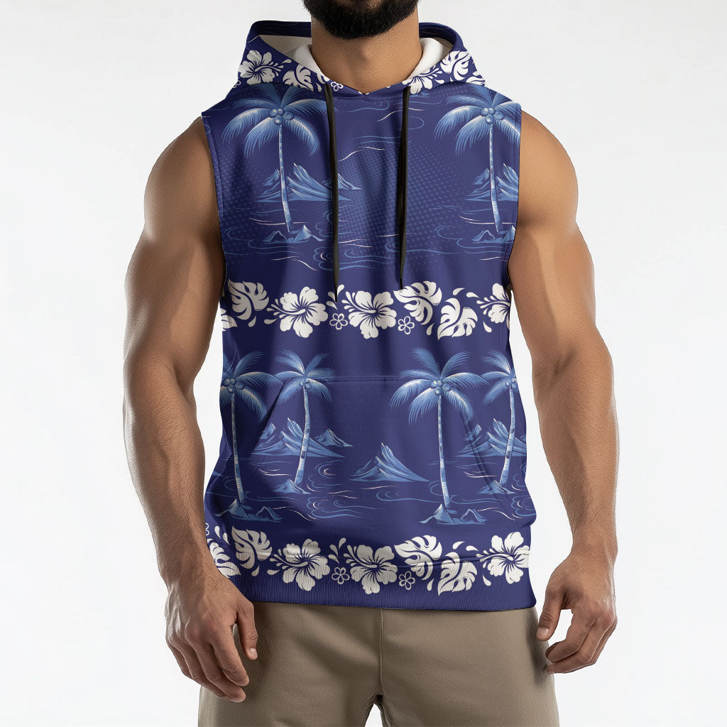 Blue Hawaii Palm Tree Hibiscus Sleeveless Hoodie Fantasy Summer Vibe
