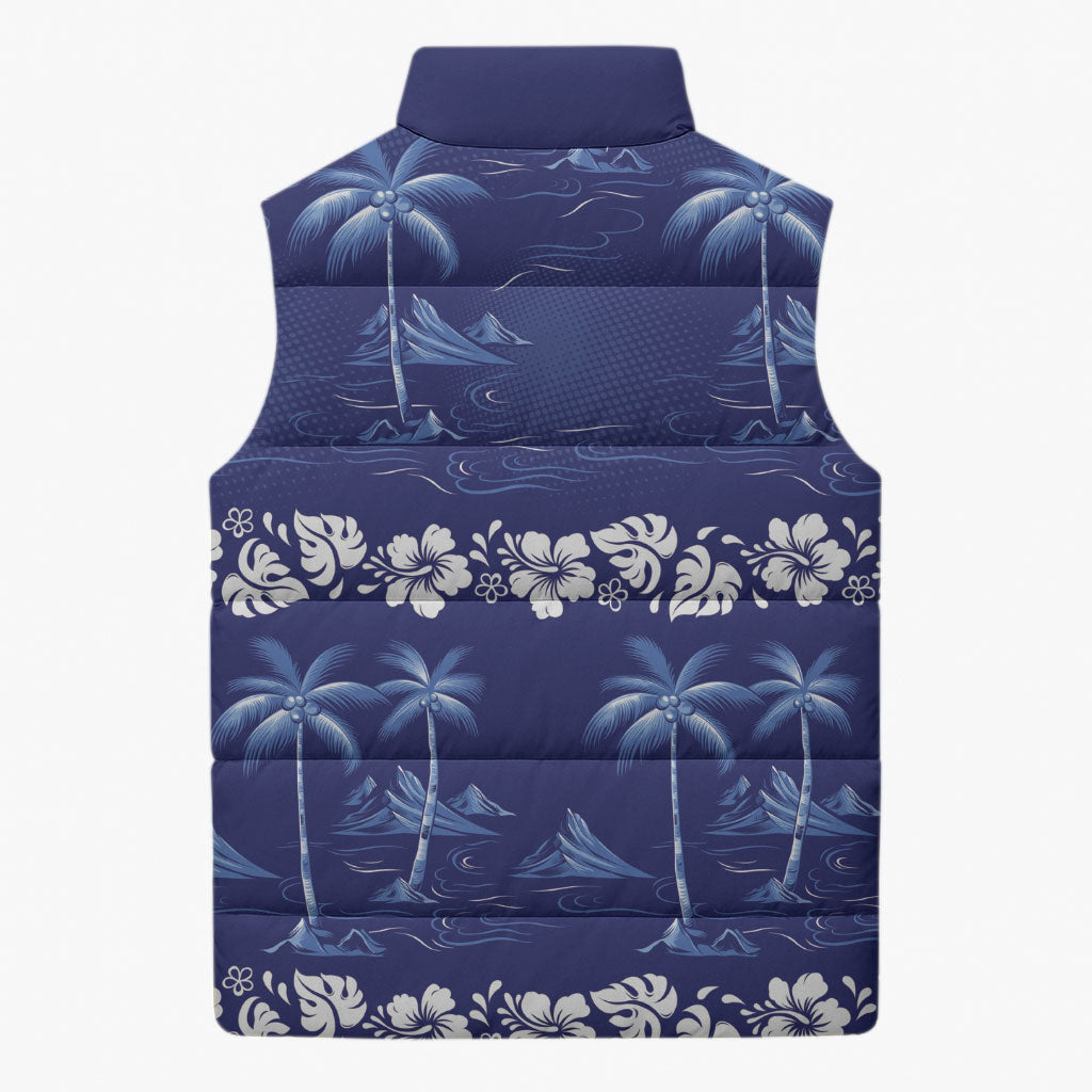 Blue Hawaii Palm Tree Hibiscus Sleeveless Puffer Jacket Fantasy Summer Vibe