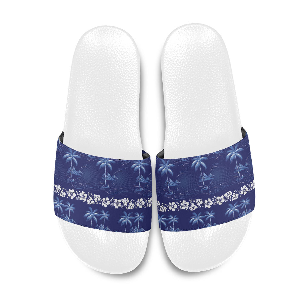 Blue Hawaii Palm Tree Hibiscus Slide Sandals Fantasy Summer Vibe