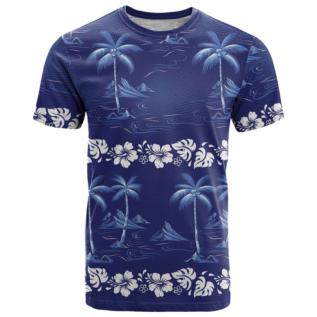 Blue Hawaii Palm Tree Hibiscus T Shirt Fantasy Summer Vibe