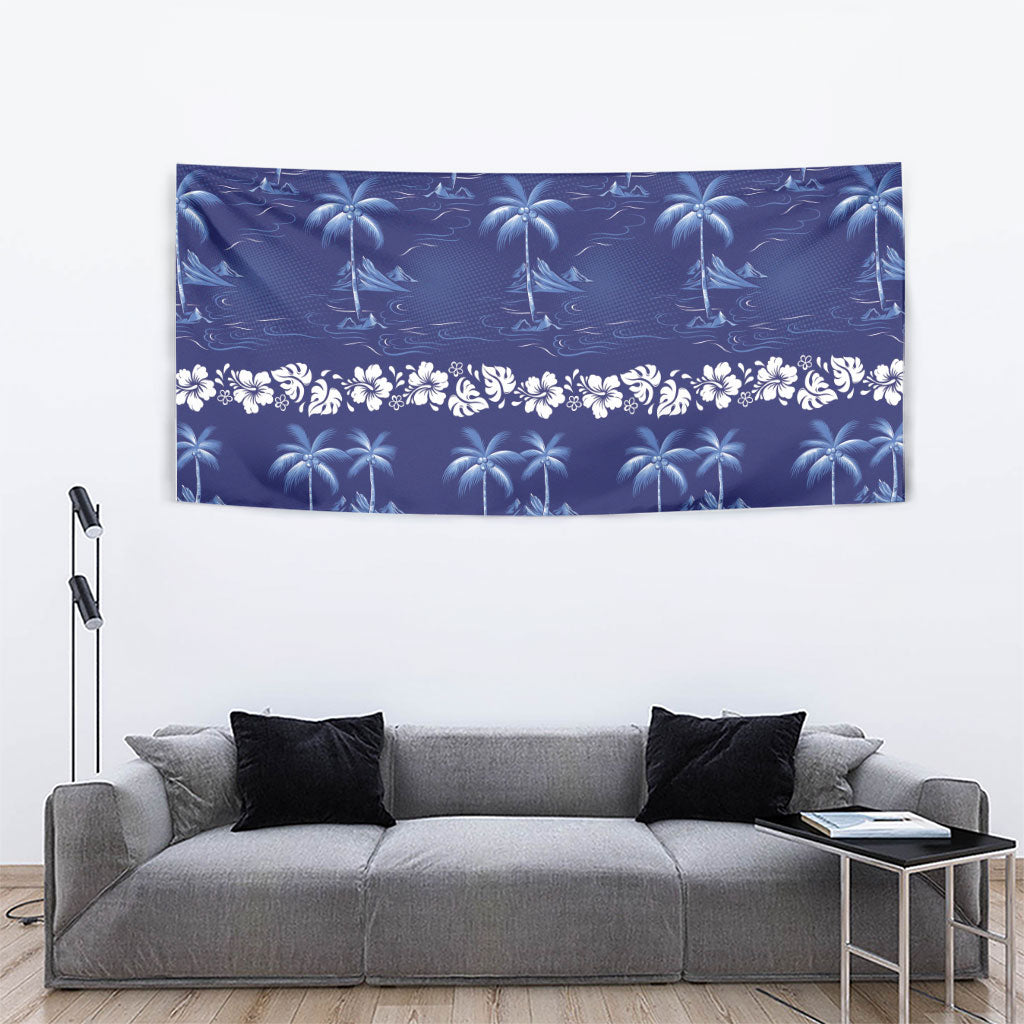 Blue Hawaii Palm Tree Hibiscus Tapestry Fantasy Summer Vibe