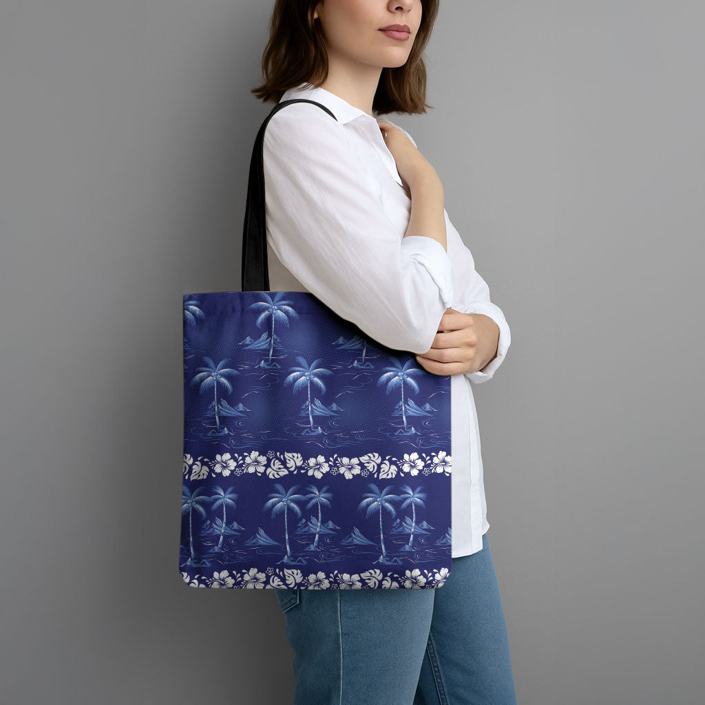 Blue Hawaii Palm Tree Hibiscus Tote Bag Fantasy Summer Vibe