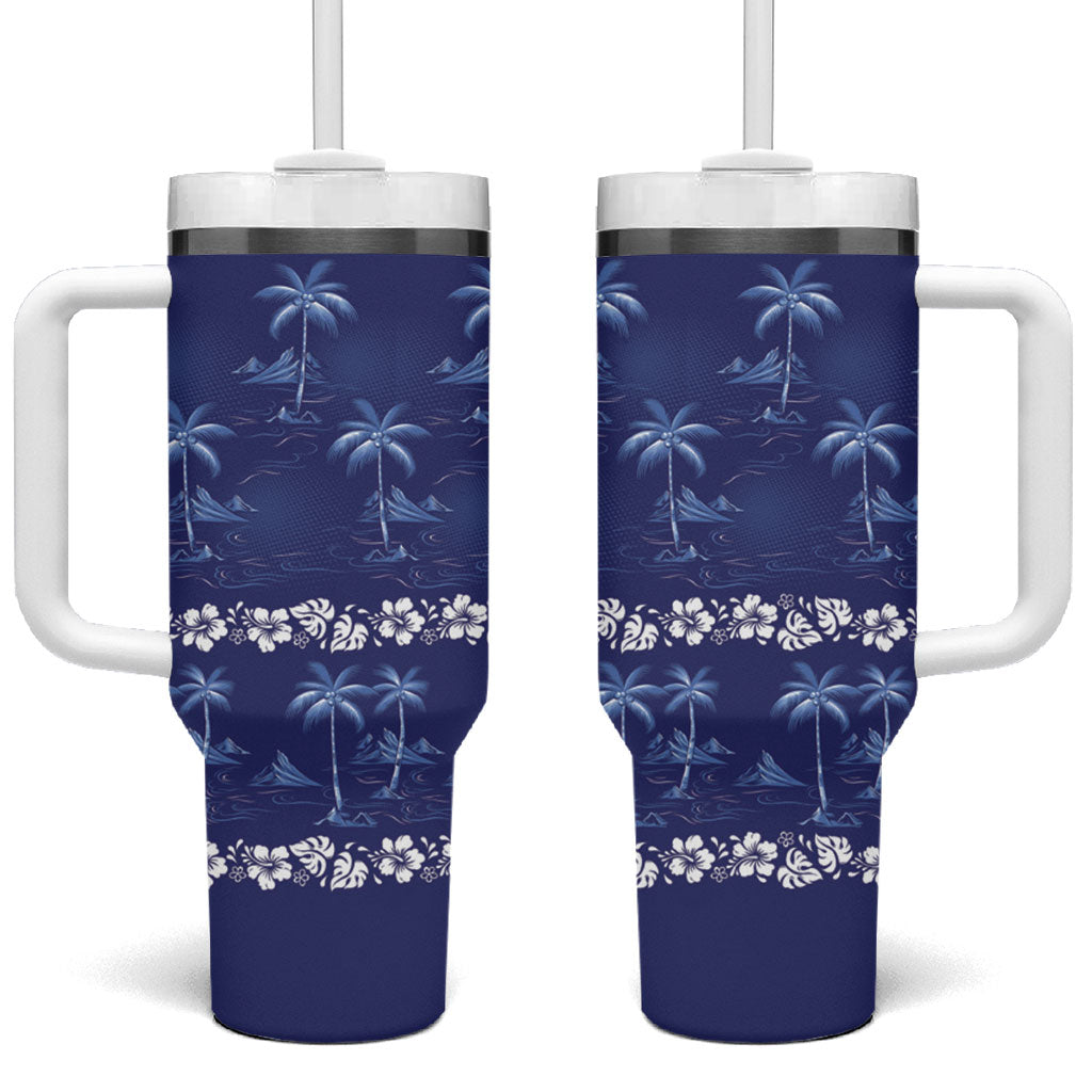 Blue Hawaii Palm Tree Hibiscus Tumbler With Handle Fantasy Summer Vibe