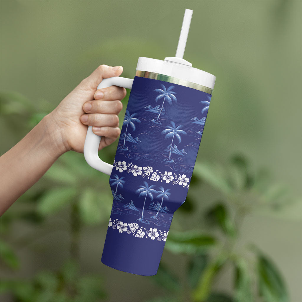 Blue Hawaii Palm Tree Hibiscus Tumbler With Handle Fantasy Summer Vibe