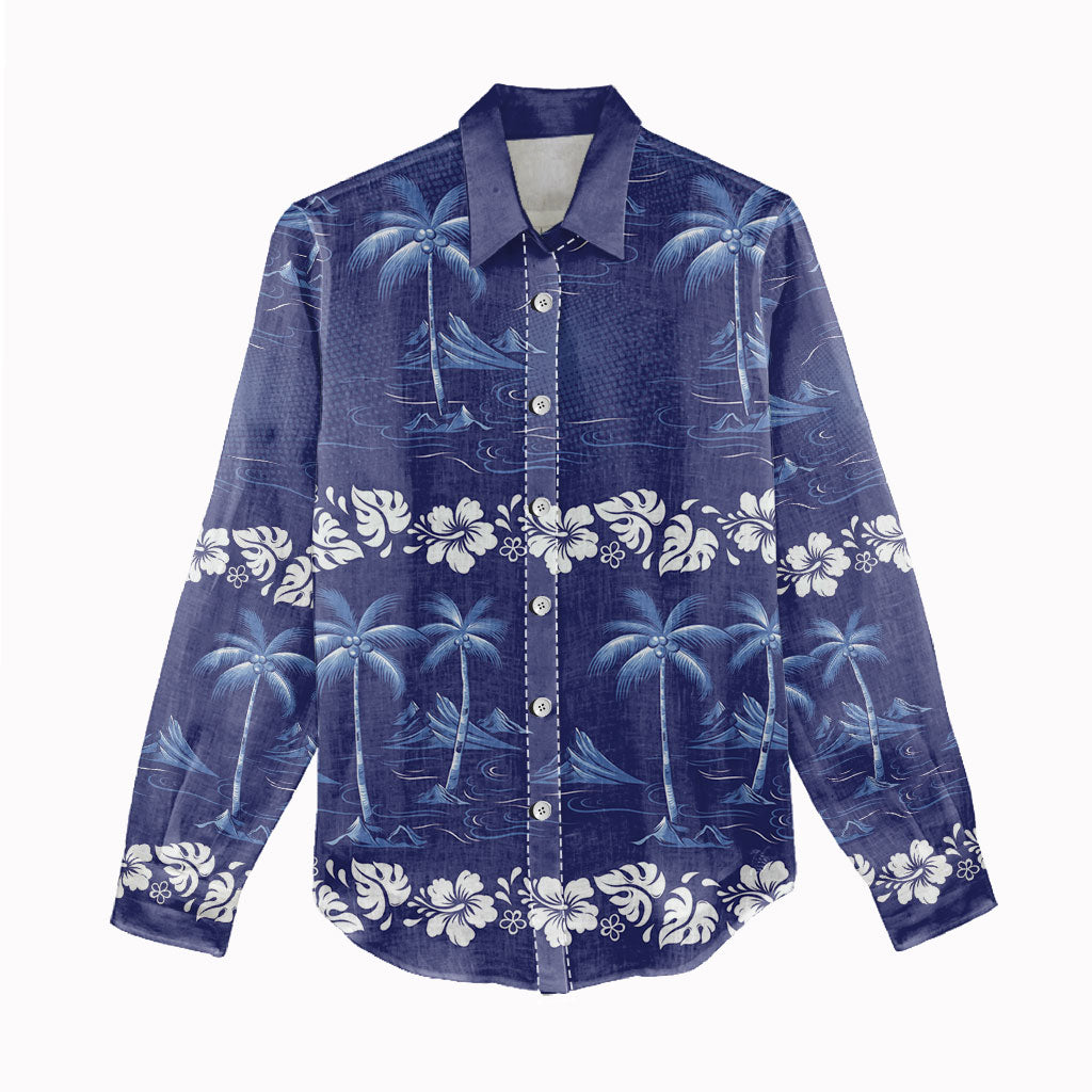Blue Hawaii Palm Tree Hibiscus Women Casual Shirt Fantasy Summer Vibe