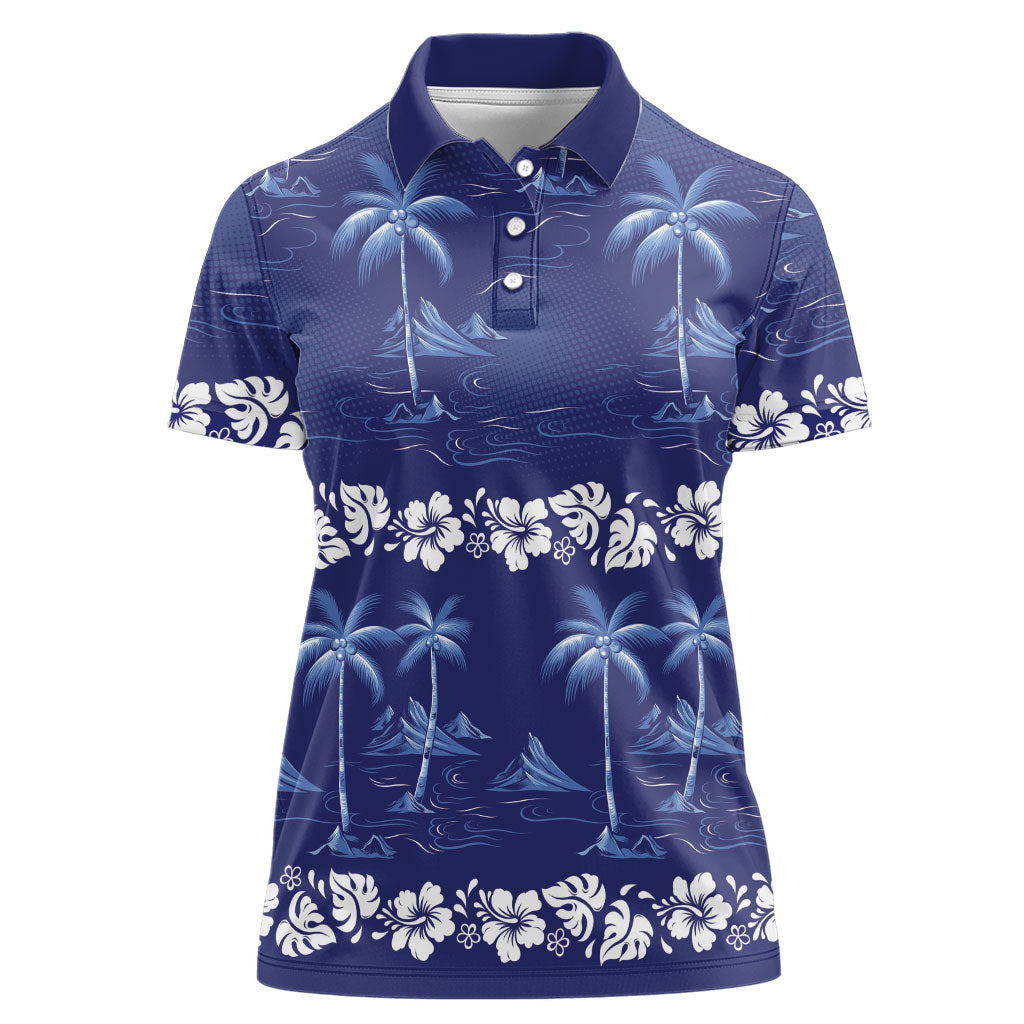 Blue Hawaii Palm Tree Hibiscus Women Polo Shirt Fantasy Summer Vibe